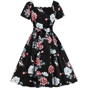 Tonval Geschulpte Vierkante Hals Bloemenprint Zwarte Jurk Vrouwen 50 s Retro Kleding Glamorous Rockabilly Geplooide Jurken