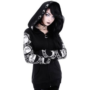 5XL Gothic Punk Vrouwen Print Lange Mouwen Hoodies Sweatshirts Casual Rits Jas Hooded Tops Vrouwelijke Herfst Winter Zwart Hoodies.