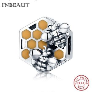 Inbeaut 100% 925 Sterling Zilver Geel Emaille Honeybee Charms Ronde Bruin Zirconia Bee Nest Kralen Fit Armband