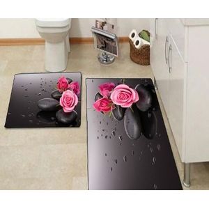 Anders Roze Rozen Zwarte Steen Gekleurde Rozen Bloemen 3d Print Non Slip Microfiber 2 stuk Badmat set voor Badkamer 90x60 cm 50x60 cm