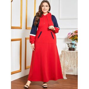 Herfst Winter Jurk Vrouwen Lange Mouw Contrast Multicolor Elegante Moslim Jurk Met Hoed Plus Size Islamitische Kleding