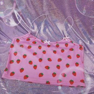 Allneon Kawaii Roze Cropped Camis Tops Spaghetti Aardbei Print Zomer Crop Tops Voor Vrouwen Vintage Zoete Dames Tanks