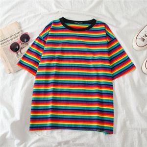 Zoete Regenboog Streep Vrouwen Zomer T-shirt Minimalistische Korte Mouwen Vrouwen Kleding Vogue Tops Tee Shirt Paar Kleren