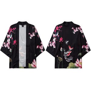 Japanse Kimono Jas Koi Vis Print Mannen Harajuku Streetwear Jas Jas Casual Dunne Gown Japan Stijl Zwart Wit