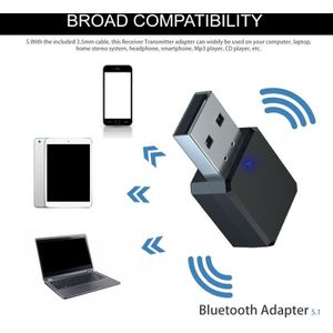 KN318 Bluetooth Adapter,5.1 Bluetooth Ontvanger Stereo Handsfree Call Usb/Aux Uitgang Draagbare, voor Thuis Car Office, Zwart