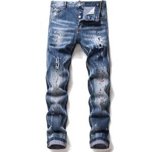 Brand Mannen Slim Jeans Ripped Jeans Voor Mannen Beetje Stretch Verf Badge Broek Mannen Kleding Hip Hop streetwear Blauw