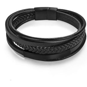 Jiayiqi Mannen Zwart Lederen Armband Roestvrij Staal Magnetische Sluitingen Bangle Multilayer Touw Polsband Punk Rock Mannelijke Sieraden Cadeau