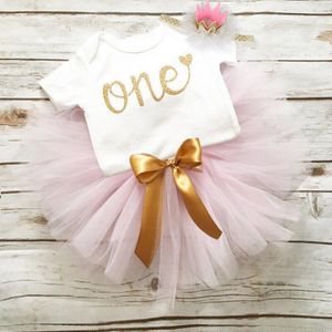 Een Jaar Verjaardag Outfits Voor Baby Meisjes Feestjurk 1st Baby Doop Kleding Pasgeboren Kleding Katoenen Top + Tutu Jurk + Hoofdband