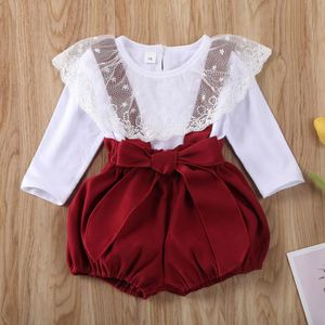 Herfst Baby Meisje Kleding Bretels Pak Kant Lange Mouwen Katoenen T-shirt Bretels Broek Pak Meisje Kleding Baby Pak