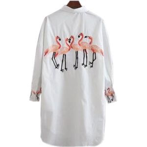 H. Sa Lente Vrouwen Wit Lange Blouses Lange Mouwen Casual Flamingo Borduurwerk Shirts Vrouwen Top En Blouses Roupa Feminina
