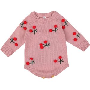 Pasgeboren Meisje Cherry Trui Romper Ronde Hals Lange Mouw Gebreide Lange Romper Bodysuit Outfits Voor Herfst Winter