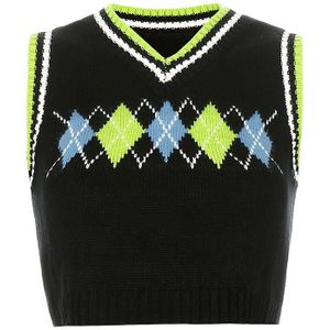 Weekeep Kleurrijke Argyle Plaid Gebreide Trui Vest Vrouwen Preppy Stijl Streetwear 90S Retro Gestreepte Patchwork Mouwloos Knitwear