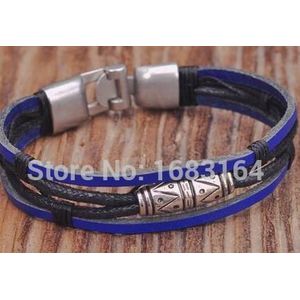 G154 Blauw Lederen Hennep Gevlochten Surfer Polsband Armband Manchet Cool Metalen Sluiting Heren