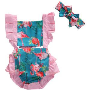 Zomer Baby Baby Meisjes Bodysuits Hoofdband Bloemen Print Ruches Korte Mouw Jumpsuits Outfits