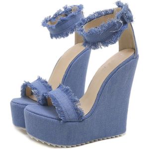 Womens Super High Wedge Platform Denim Jeans Hakken Bloemen Gedrukt Enkelbandje Sandalen Schoenen 16Cm Pompen Romeinse Peep Toe b70