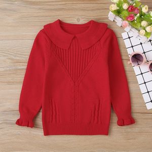 Winter Kinderen Casual Katoen Gebreide Lange Mouw O Hals Turn-Down Kraag Rood Solid Casual Baby Meisjes T-shirt 0-2T