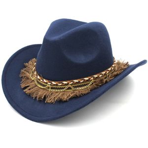 Mistdawn Vrouwen Western Cowboy Hoed Cowgirl Kostuum Cap Wol Brede Rand Kwastje Gevlochten Band Maat 56-58 Cm Bbg