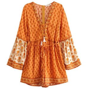 Vintage Chic Vrouwen Bloemenprint Rayon Sjerpen Boho Speelpakjes Dames V-hals Lange Mouwen Tassel Beach Bohemian Jumpsuits