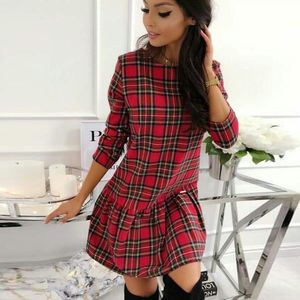 Plaid Jurk Voor Vrouwen Lange Mouw Herfst Mode Ronde Hals Losse Lady Mini Jurk Rood Casual Fall Vrouwelijke Feestjurk vestido