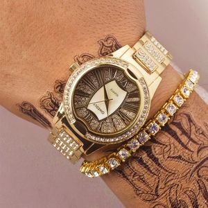 Mannen Horloges Top Luxe Horloge Mannen Armband Unieke Arabisch Diamanten Horloge Goud Quartz Iced Out Steel Mannen Horloge