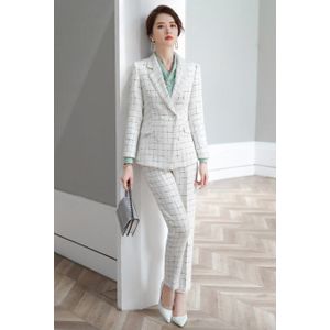 Plaid broek past vrouwen winter mode temperament formele lange mouwen blazer en broek office dames Zaken werkkleding