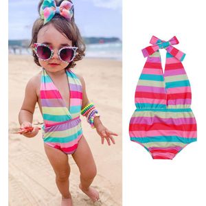 1-4 Jaar Baby Meisjes Casual Backless Regenboog Strepen Badmode Multicolor Mouwloze Off Shoulder Romper Zwemkleding Voor Meisjes