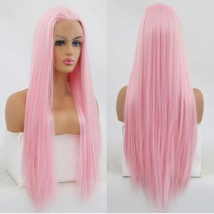 Bombshell Baby Roze Rechte Synthetische Lace Front Pruik Hittebestendige Vezel Haar Natuurlijke Haarlijn Middenscheiding Voor Vrouwen Pruiken