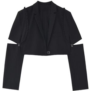 [Eam] Vrouwen Zwarte Ruches Split Joint Korte Blazer Revers Lange Mouwen Losse Fit Jas Mode Lente Herfst 1Z103