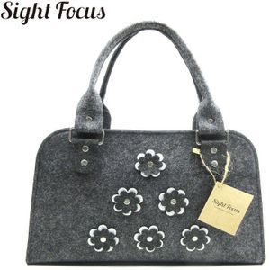 Sight focus vintage shell stijl grijs vilt vrouw tote bag bloemen patronen vilten tas zachte vouwen vrouwelijke hand tas