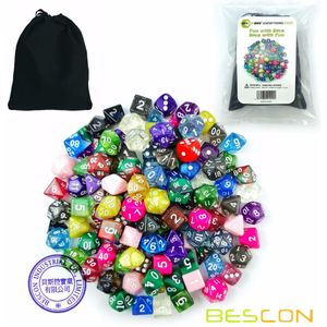Bescon 120 Pcs Schat Set, Willekeurig Gemengde Rpg Dobbelstenen Pack Van 120; polyhedrale Dobbelstenen Mix Van Rainbow Glitter,Gem,Swirly, Steen Stijlen