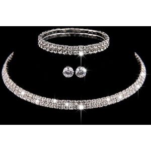 Vrouwen Fonkelende Strass Kristal Ketting Oorbellen Set Charm Wedding Bruids Sieraden Set met 2 Rij Armband