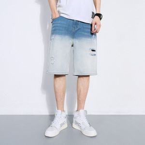 Katoen Patchwork Ripped Denim Shorts Heren Zomer Gradiënt Kleur Straight Casual Trend Alle-Wedstrijd Knie-Lengte Jeans shorts