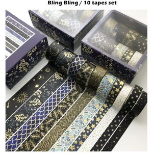 10Pcs Gold Washi Tape Set Blauw Rooster Roze Diamant Ster Bloem Blad Bronzing Masking Tapes Stickers Decoratie Zelfklevend F742