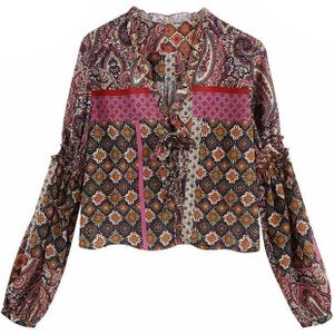 Everkaki Boho Etnische Print Blouse Tops Vrouwen Shirts Zomer Dames Gypsy Lange Mouw Top Blouses Vrouwelijke Lente Mode