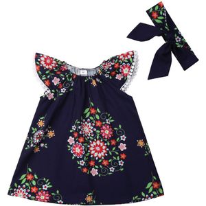 Meisjes Zomer Jurk Pasgeboren Kid Meisje Bloem Donkerblauw Kant Bladerdeeg Mouw Pageant Party Prinses Zomer Gown 2Pcs leuke Jurk