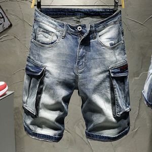 Mannen Mode Denim Shorts Zomer Slim Fit Casual Katoen Grote Zak Tooling Stijl Mannelijke Jean Mid Broek