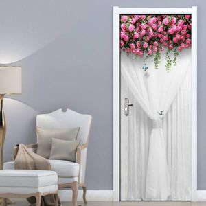 Diy Zelfklevende Deur Sticker Pvc Muurschildering Roze Bloemen Wit Zijde Trouwzaal Slaapkamer Waterdichte Deur Decoratie Behang