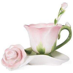 Beste 3D Rose Vorm Bloem Emaille Keramische Koffie Thee Kop En Schotel Lepel Hoogwaardig Porselein Cup Creatieve Valentijn