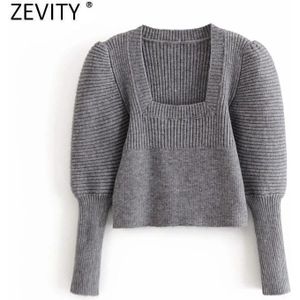 Zevity Vrouwen High Street Vierkante Kraag Breien Trui Vrouwelijke Bladerdeeg Mouw Casual Slim Trui Chic Retro Trui Tops S414