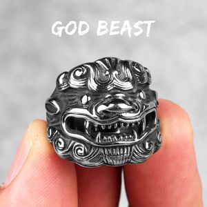 Roestvrij Staal Mannen Ringen Chinese Stijl God Beest Kirin Amulet Punk Rock Voor Mannelijke Vriendje Sieraden Creativiteit