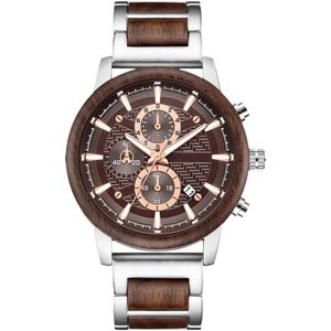 Legering & Hout Gecombineerd Band Horloges Mens Multifunctionele Chronograaf Quartz Kalender Horloge Unieke Staal Houten Klok Mannelijke Reloj