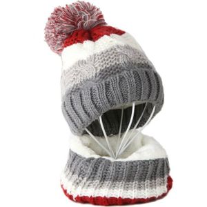 Kids Winter Cable Knit Beanie Muts Sjaal Set Pompom Strepen Pluche Gevoerd Schedel Cap X7YA