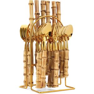4-24Pcs Natuurlijke Bamboe Servies Set Rvs Omvat Vork Mes Lepel Set Bestek Met Geschenkdoos Servies bestek Set