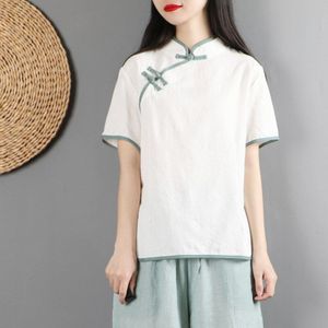 Vrouw Traditionele Chinese Qipao Top Katoen Korte Mouwen Hanfu Fairy Tops Chinese Kant Vintage Tang Pak Overhemd