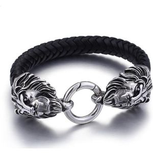 Mens zwart leer rvs lion bangle armband zilver kleur sieraden verjaardagscadeautjes voor papa hem vriendje 8.5