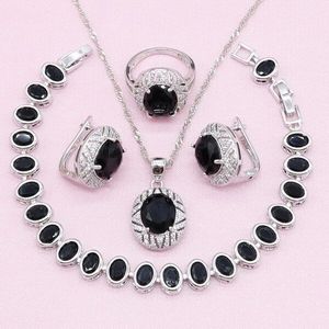 925 Zilveren Bruids Sieraden Sets voor Vrouwen Zwarte Zirconia Armband Oorbellen Ketting Hanger Ring