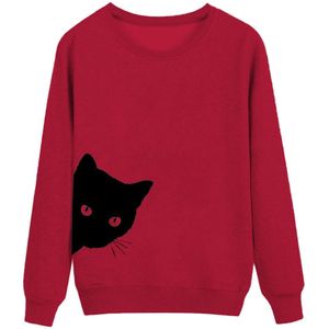 Jaycosin Mode Vrouwen Casual Eenvoudige Kat Print Losse Sweatshirt Lange Mouw Comfortabele Zachte Trui Tops Blouse