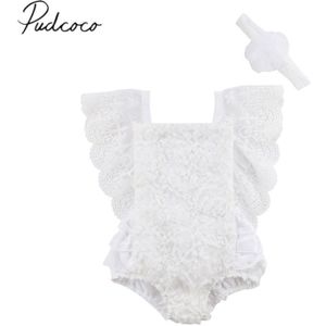 Brand 0-24 m Prinses Zomer Peuter Baby Meisjes Romper Korte Mouw Kant Backless Jumpsuits + Hoofdband effen Outfit 0-18 m