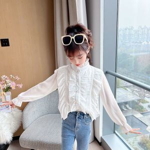 Girls Shirts Korean Ruffle Lace Chiffon Shirt Sweet Chic Long Puff Sleeve Big Kids Blouse White Pink Tops Clothes Blusas