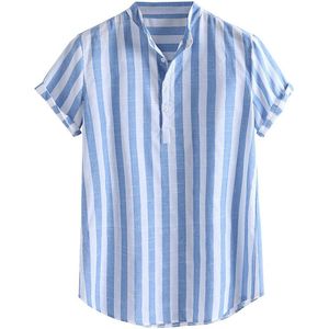 Koreaanse Kleding Shirt Mannen Gestreepte Katoenen Linnen Henry Colla Losse Korte Mouwen Casual Knoppen Shirt Мужская Одежда # gh